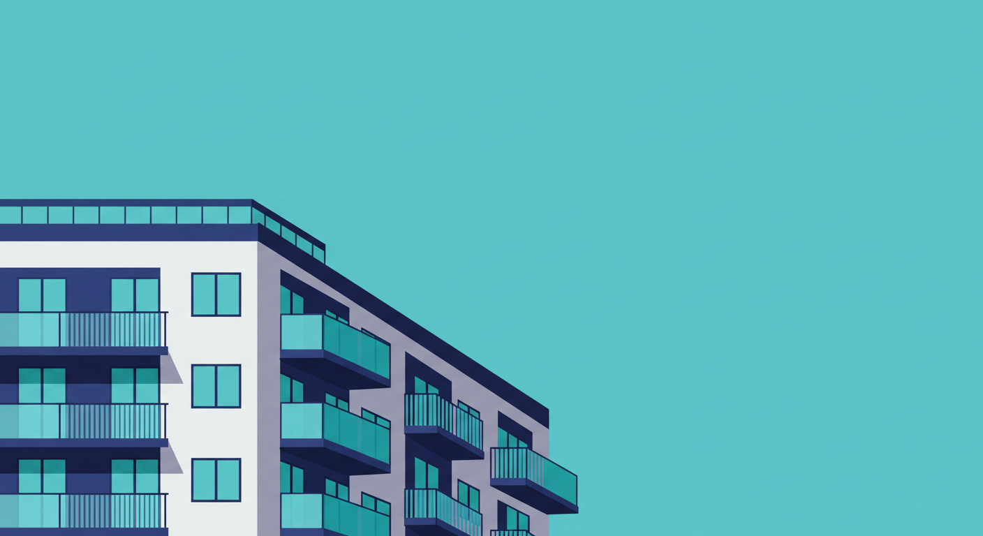A modern apartment building with balconies, set against a clear blue sky in a growing city.