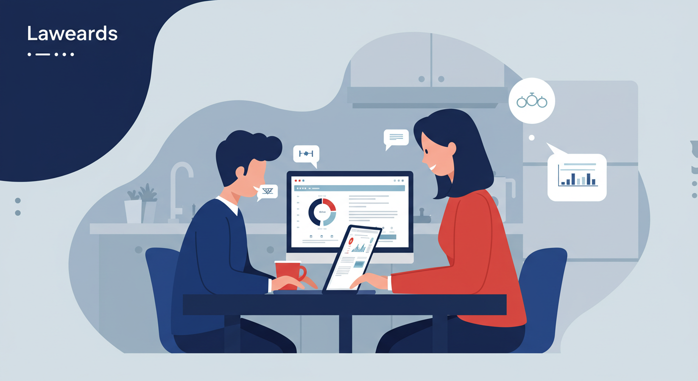 A landlord sits at a kitchen table, using a laptop to review a property management dashboard.