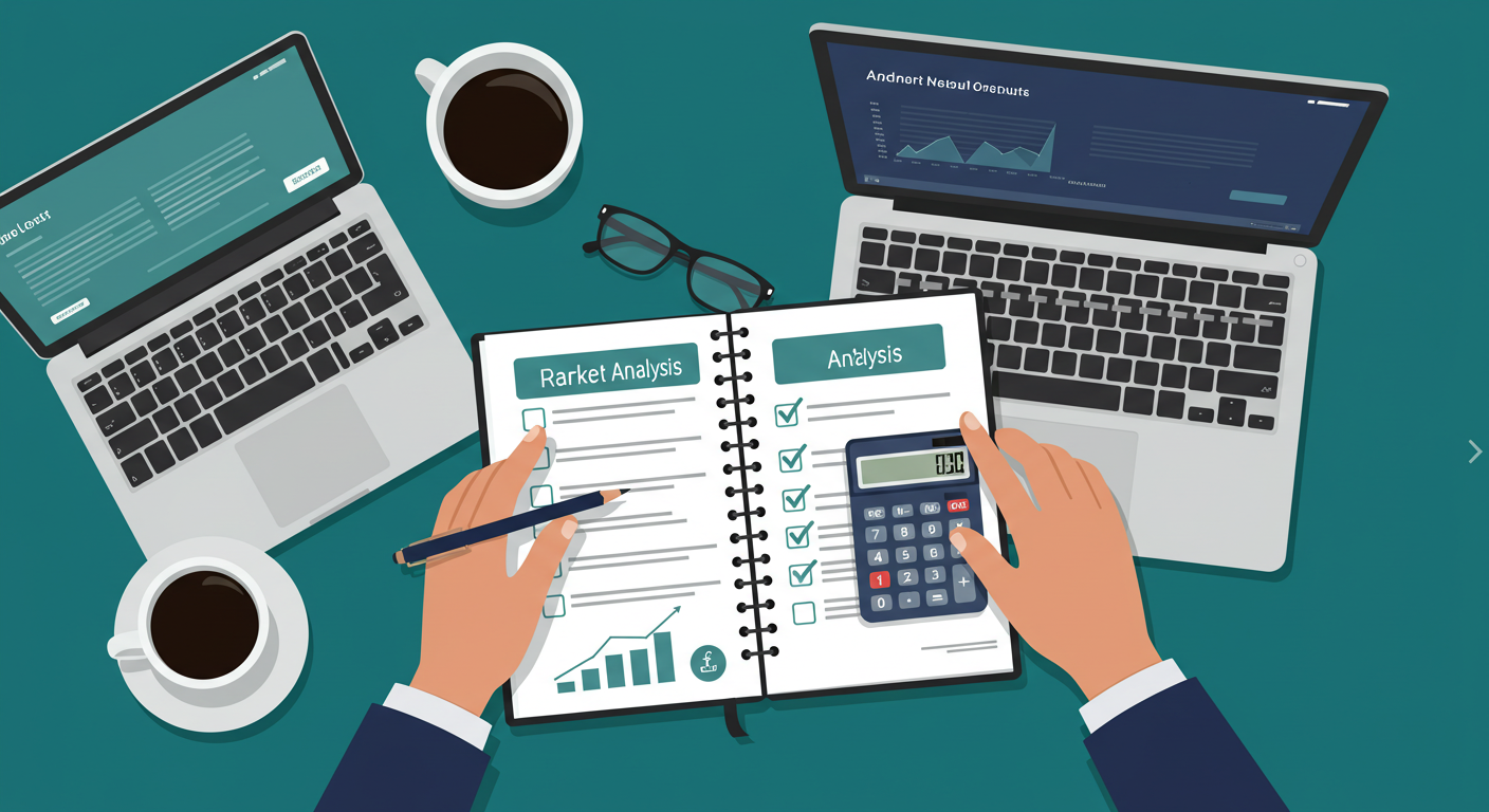 A person's hands using a laptop and calculator with a notebook showing a checklist for real estate market analysis.