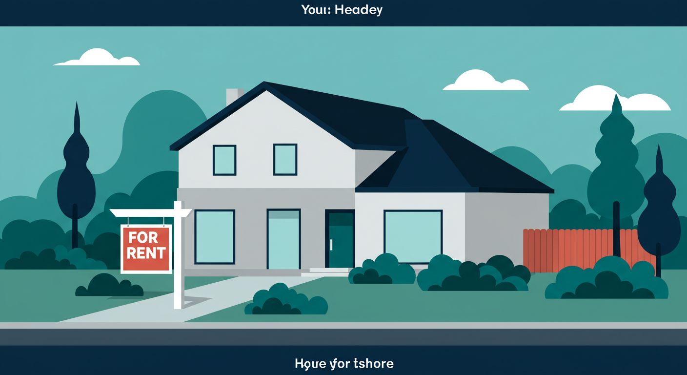 A modern house with a 'For Rent' sign in the front yard on a sunny day.