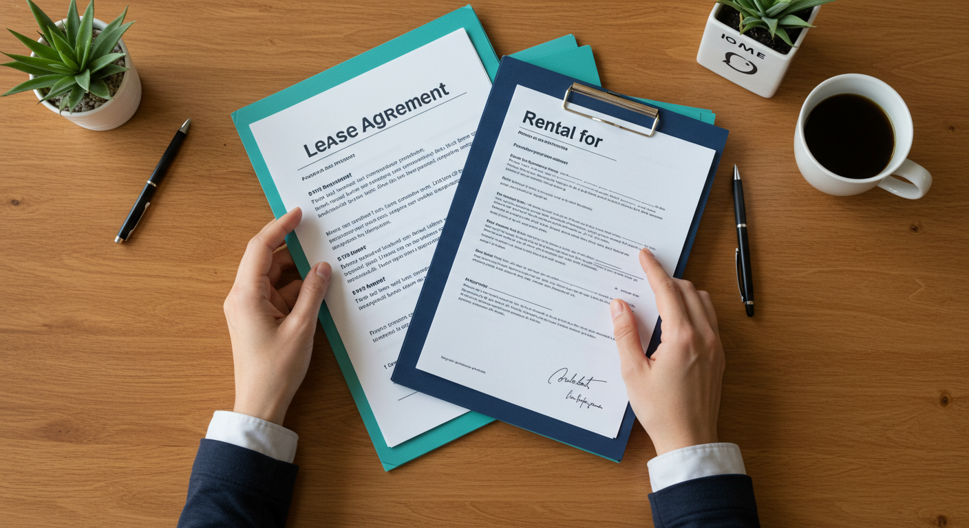 A person's hands organizing a stack of rental documents, including a lease agreement and a checklist, on a clean wooden desk.