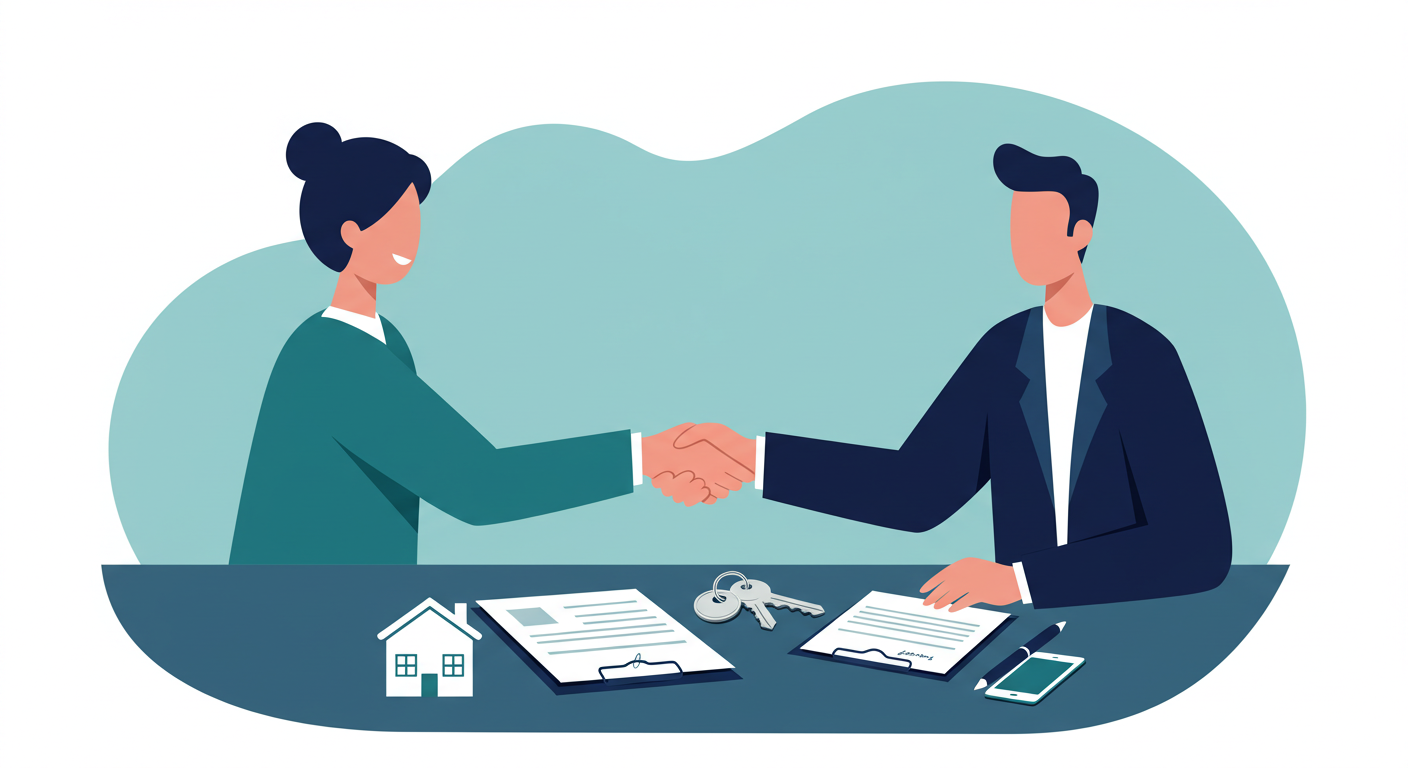 Two people shaking hands over a table with house keys and a signed document on it.