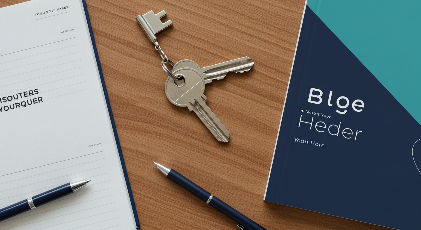 A modern house key with a simple keychain on a wooden table next to a notebook and pen.