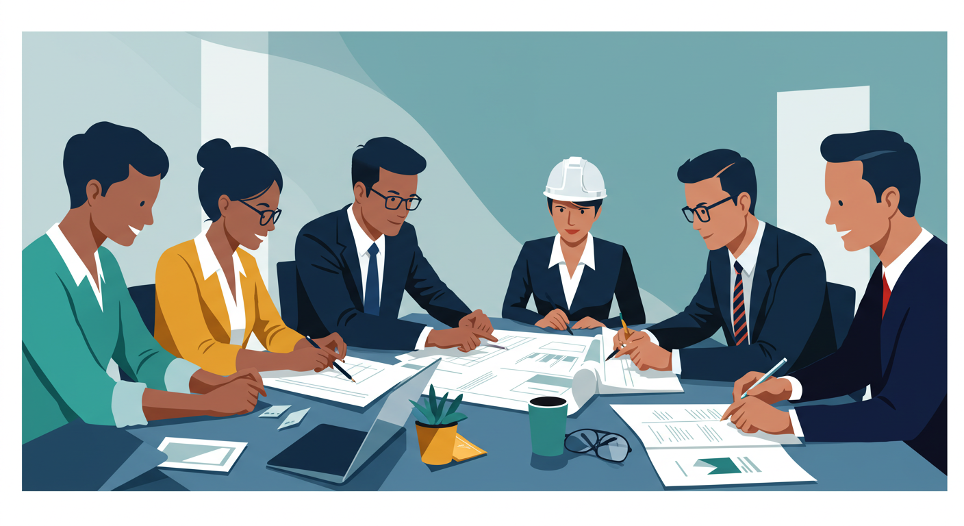 A diverse group of professionals in a business meeting, looking at blueprints on a table.