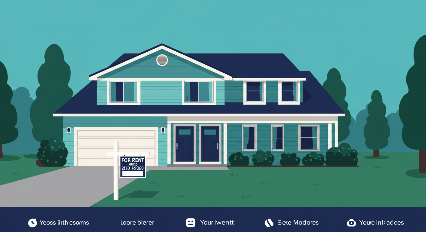 A well-maintained duplex with a 'For Rent' sign on the lawn, under a clear blue sky.