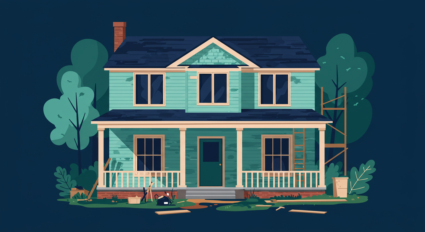 A residential house with the front porch and windows undergoing renovation, showing exposed wood framing and tools.