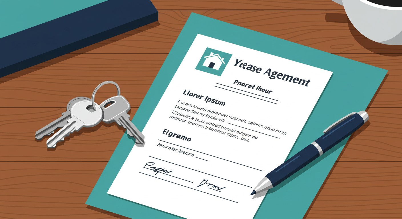 A set of house keys and a signed lease agreement resting on a wooden table.