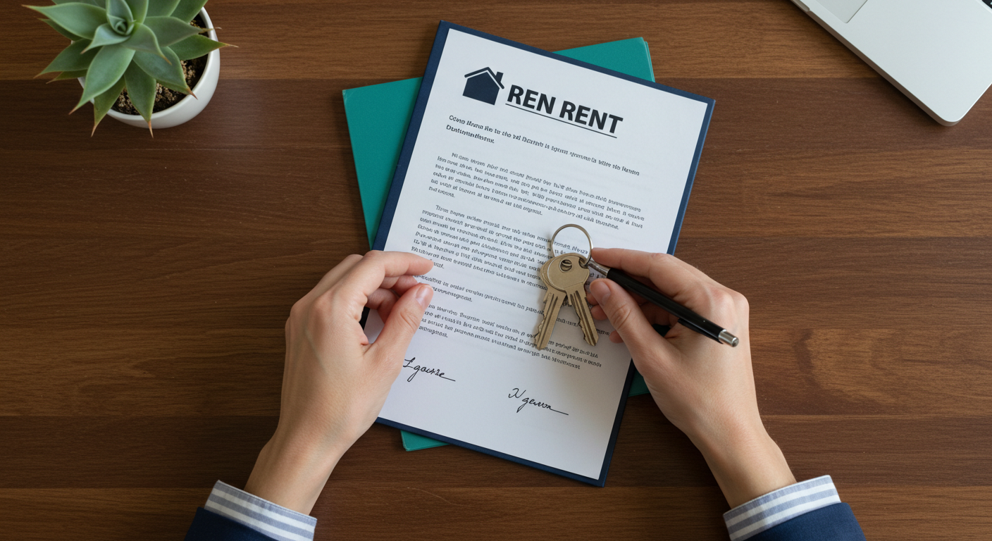 A person's hands holding a set of house keys over a signed rental agreement document on a wooden table.