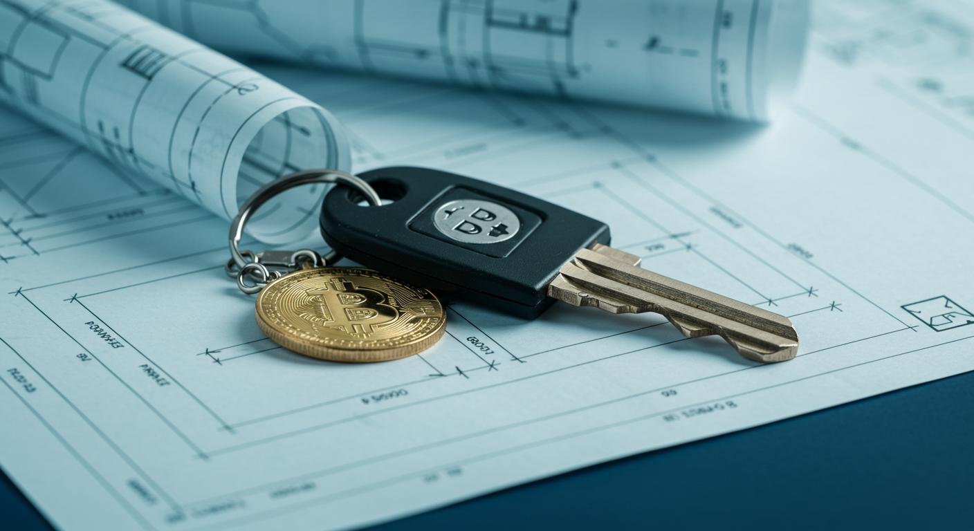 A physical key with a Bitcoin keychain fob resting on a blueprint of a house.
