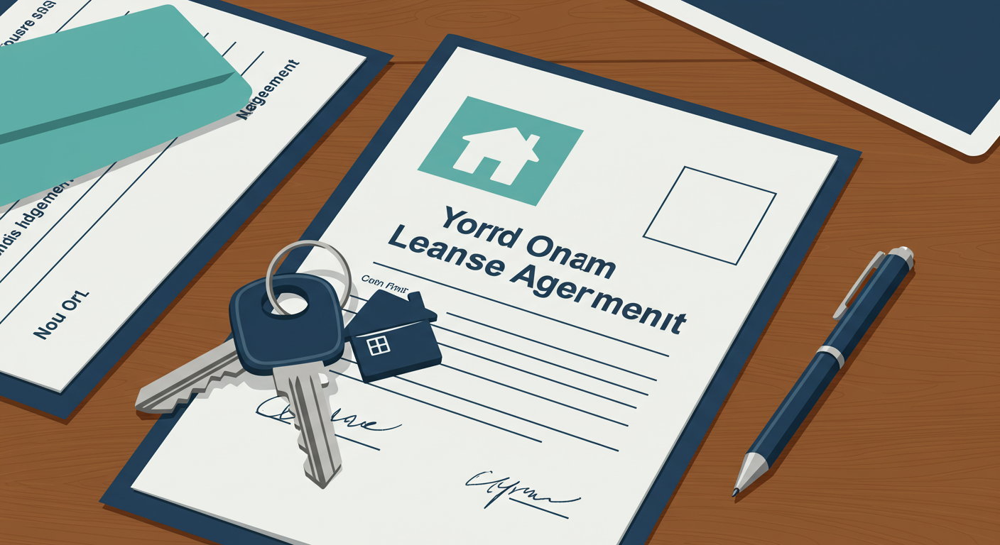 A set of house keys and a signed lease agreement on a wooden desk.