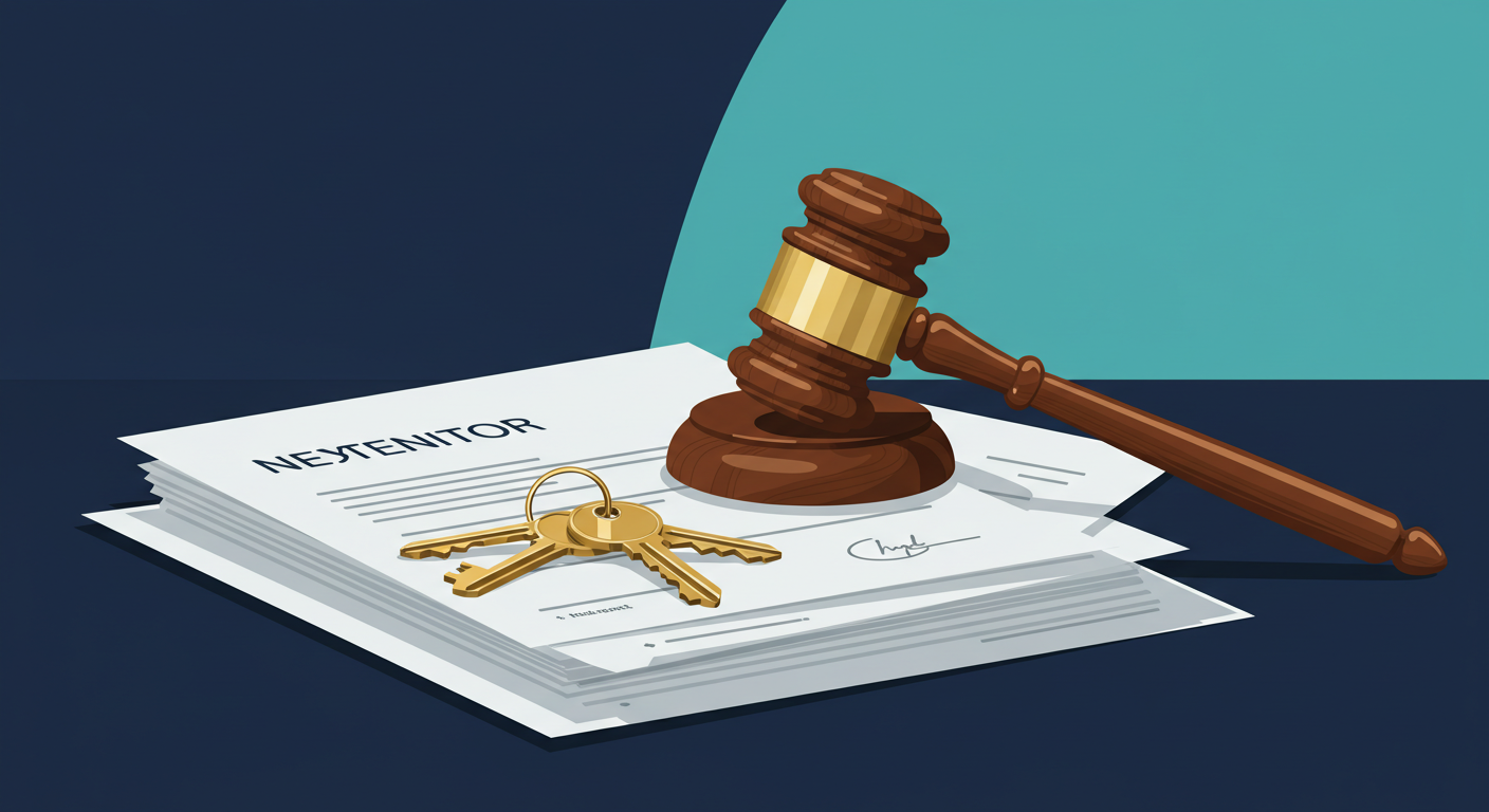 A wooden gavel and a set of keys resting on a stack of legal documents on a desk.
