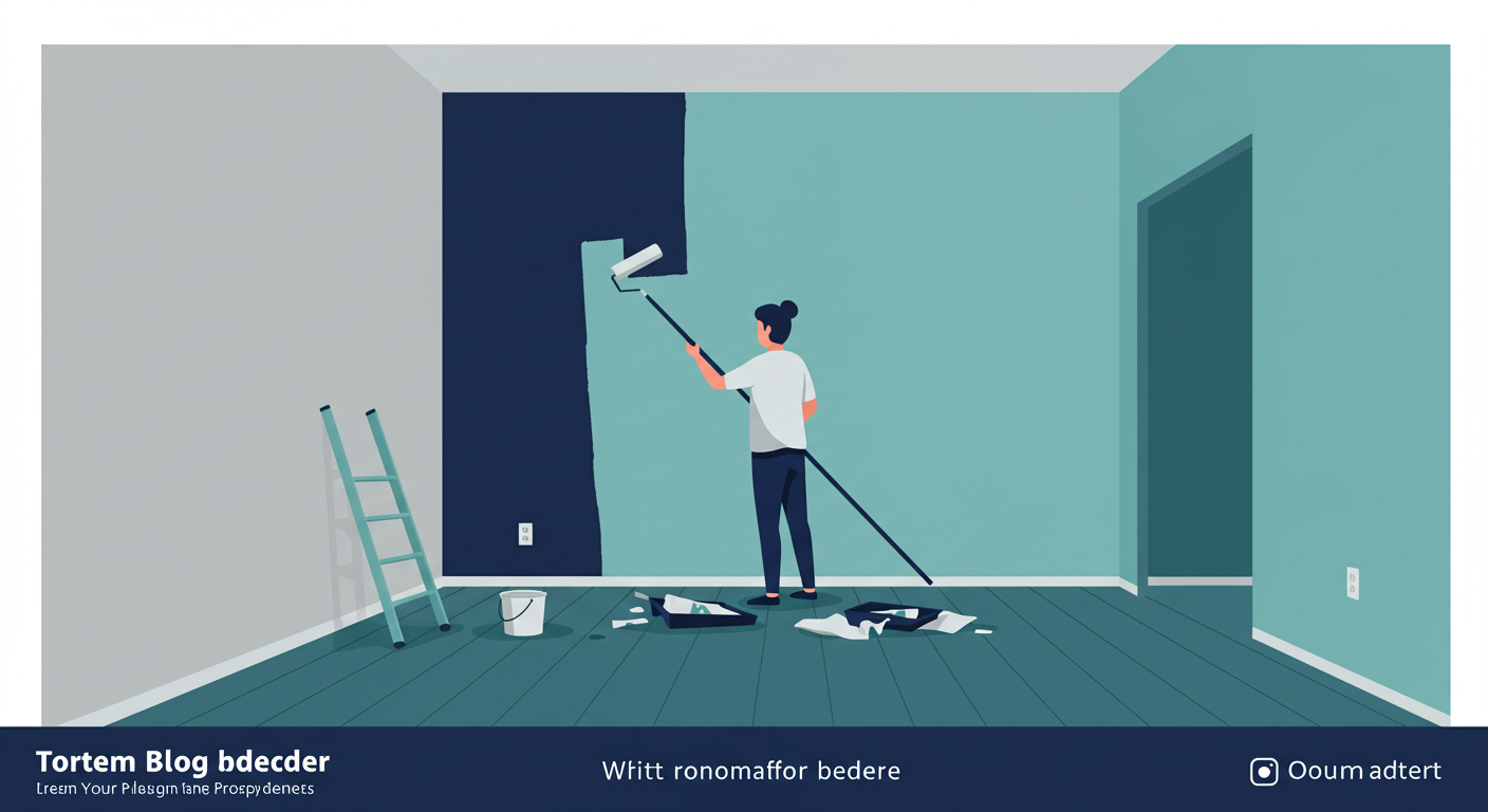 A person painting a wall in an empty apartment, with paint rollers and trays on the floor.