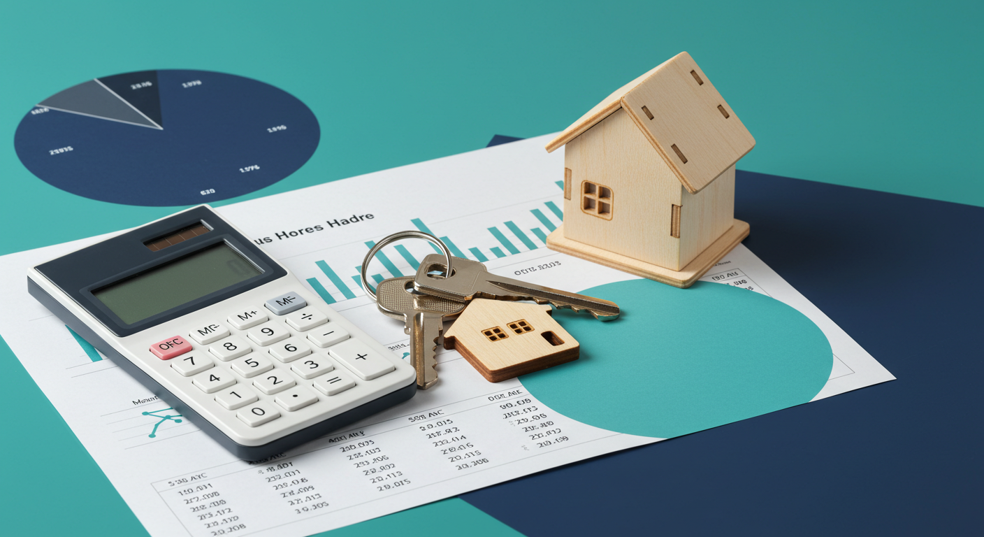 A set of house keys and a small wooden house model resting on top of financial documents and a calculator.