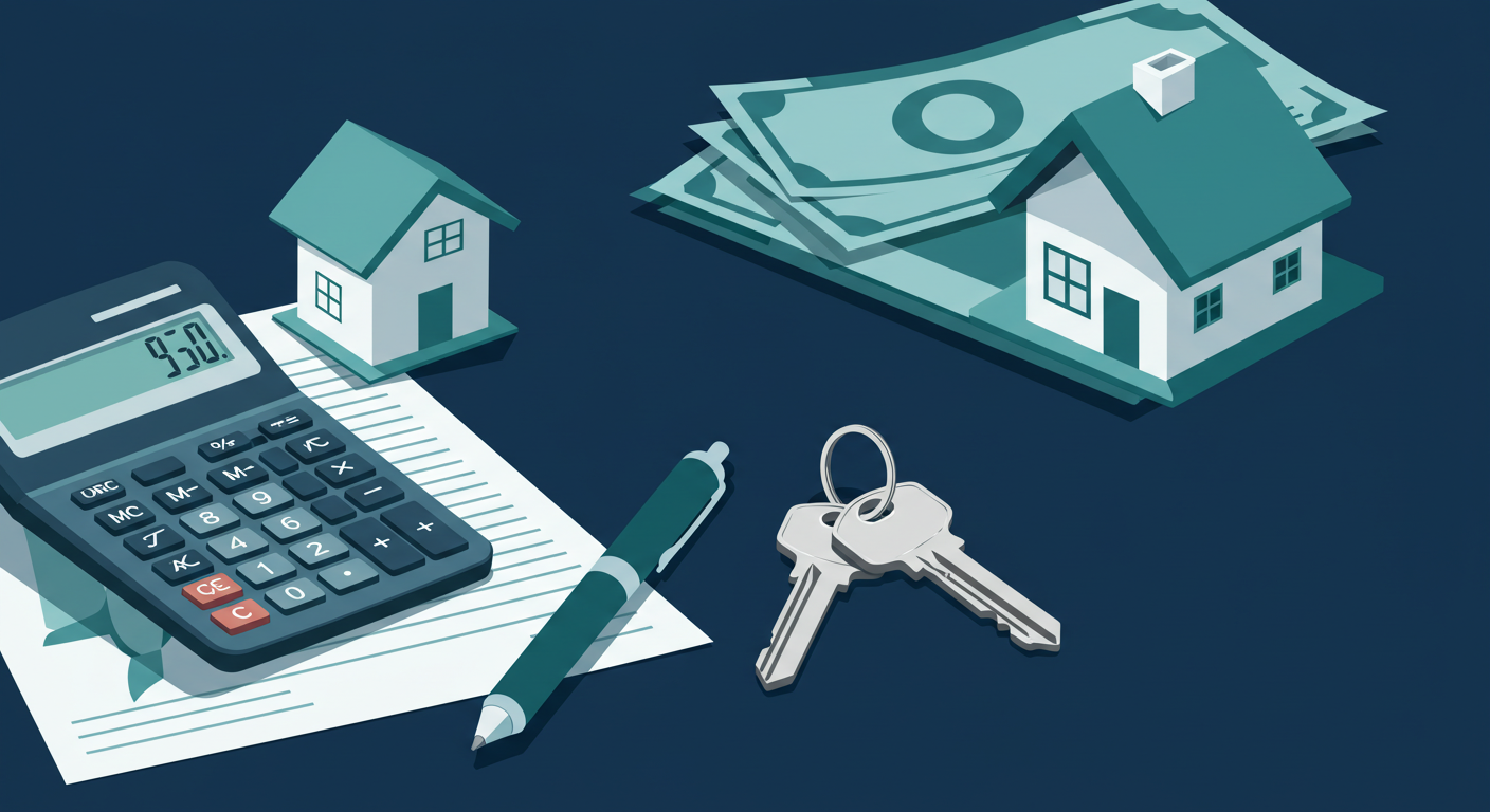 A calculator and a small model house sit on a desk next to financial documents and a set of keys.