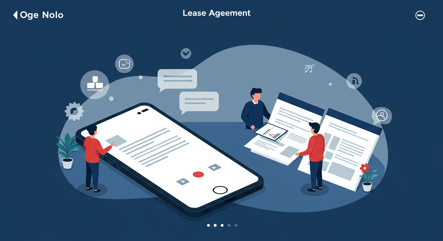 A smartphone on a table recording a conversation between a landlord and tenant who are reviewing a lease agreement.