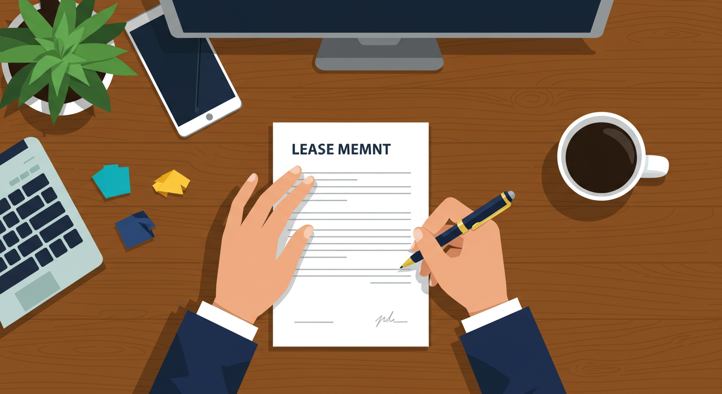 A person signing a lease agreement document with a pen at a wooden desk.