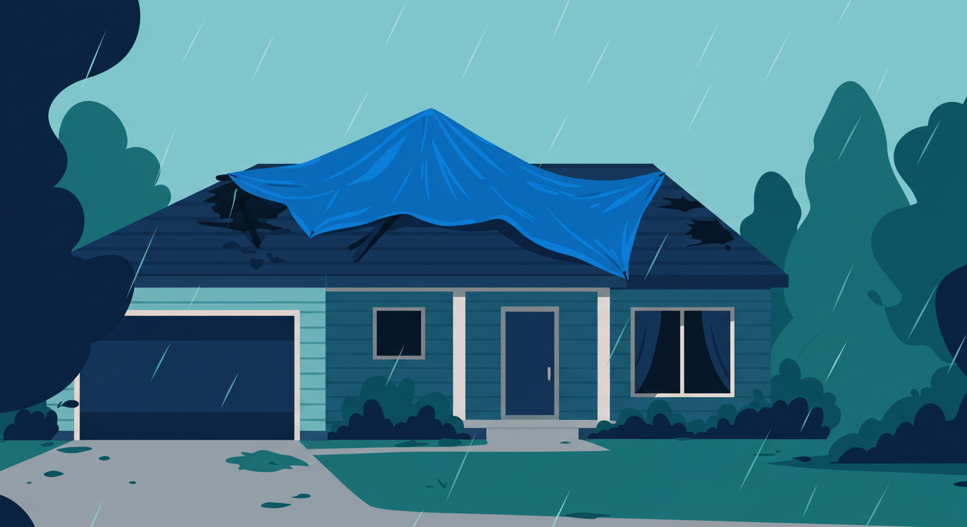 A residential home with a blue tarp covering a hole in the roof after a storm.
