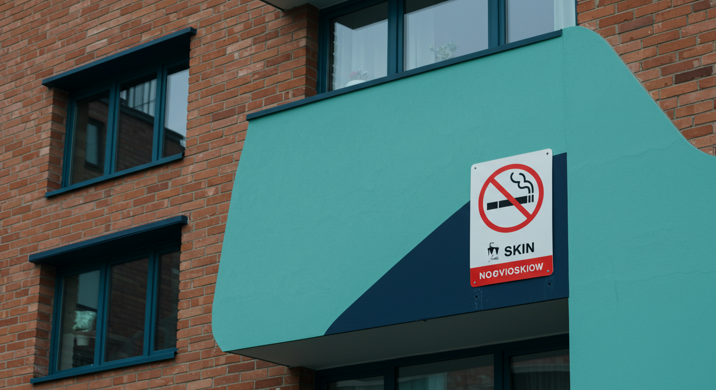 A no-smoking sign with a cigarette and vapor icon affixed to a modern apartment building's exterior brick wall.