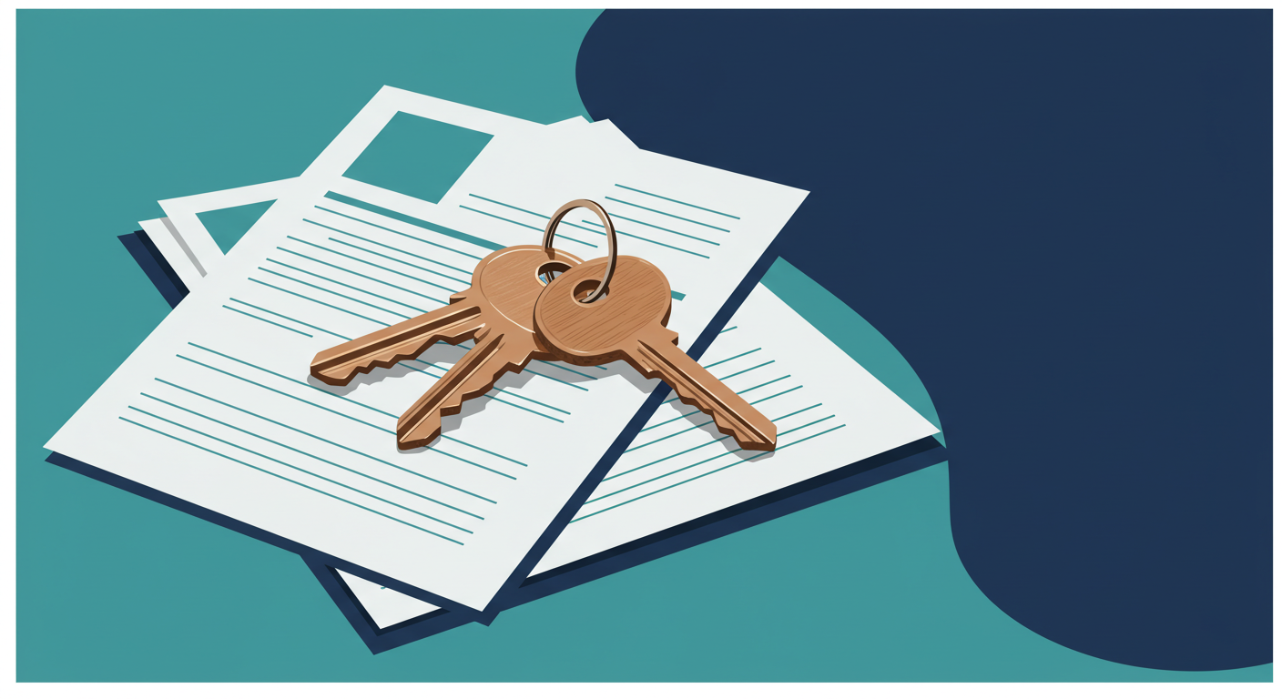 A set of house keys with a simple wooden keychain resting on a stack of official-looking documents.