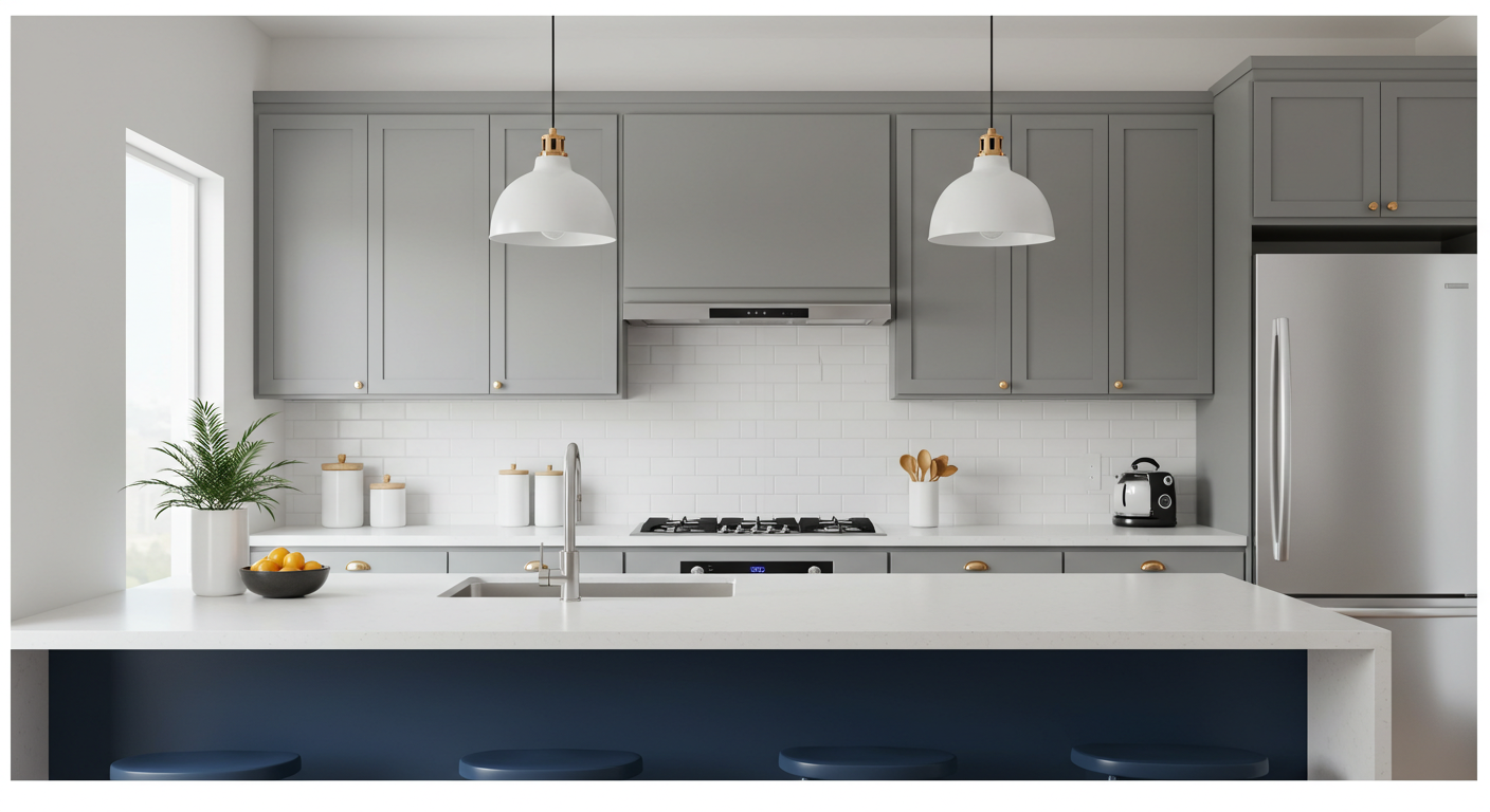 A modern, newly renovated kitchen with grey cabinets, white countertops, and stainless steel appliances.