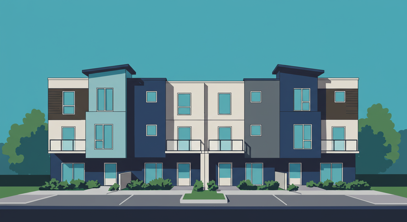 A modern four-plex apartment building with a clear blue sky in the background.