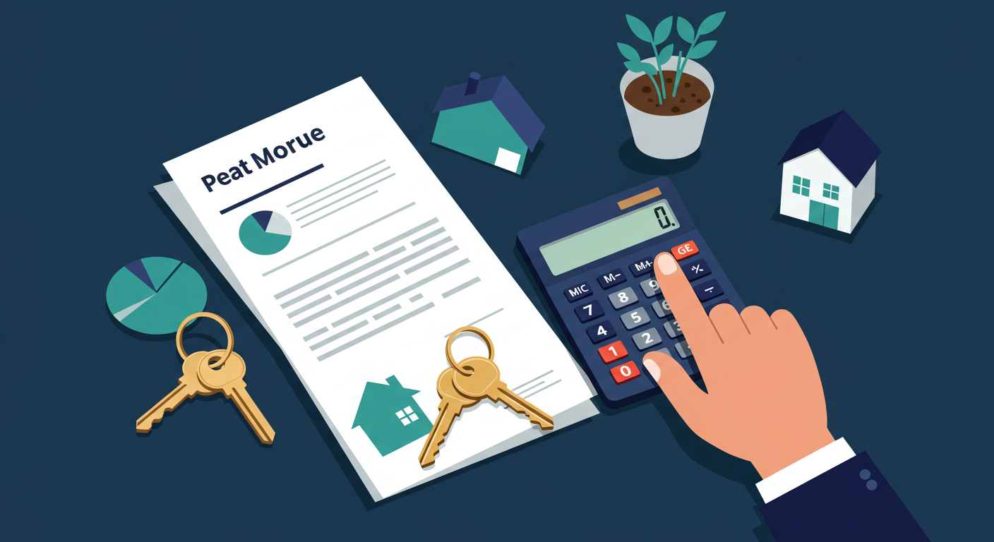A hand using a calculator on a desk with house keys and property documents, symbolizing real estate investment calculation.