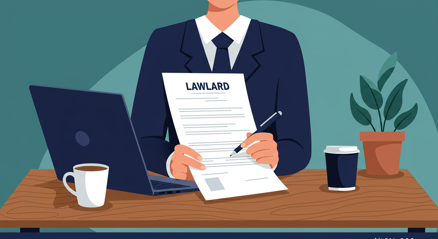A landlord reviewing a lease document with a pen at a wooden desk, with a laptop and a houseplant nearby.