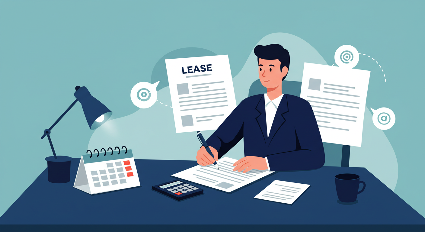 A landlord sits at a desk with a calendar, calculator, and lease documents, planning their next steps.