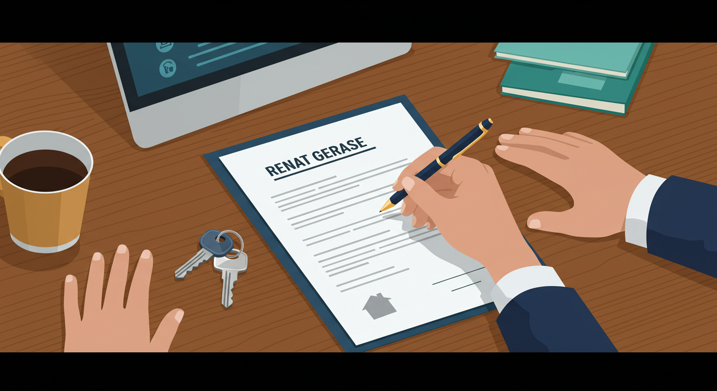 A person's hands signing a rental lease agreement on a wooden desk with a pen and house keys nearby.