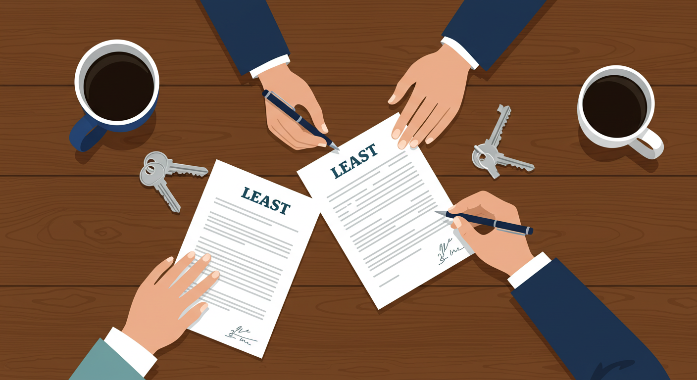Two people signing a lease document at a wooden table, with a set of keys nearby.