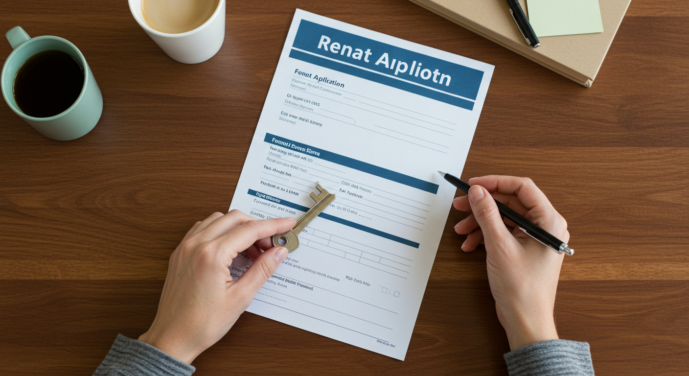 A person's hands holding a key and a pen over a rental application form on a wooden desk.