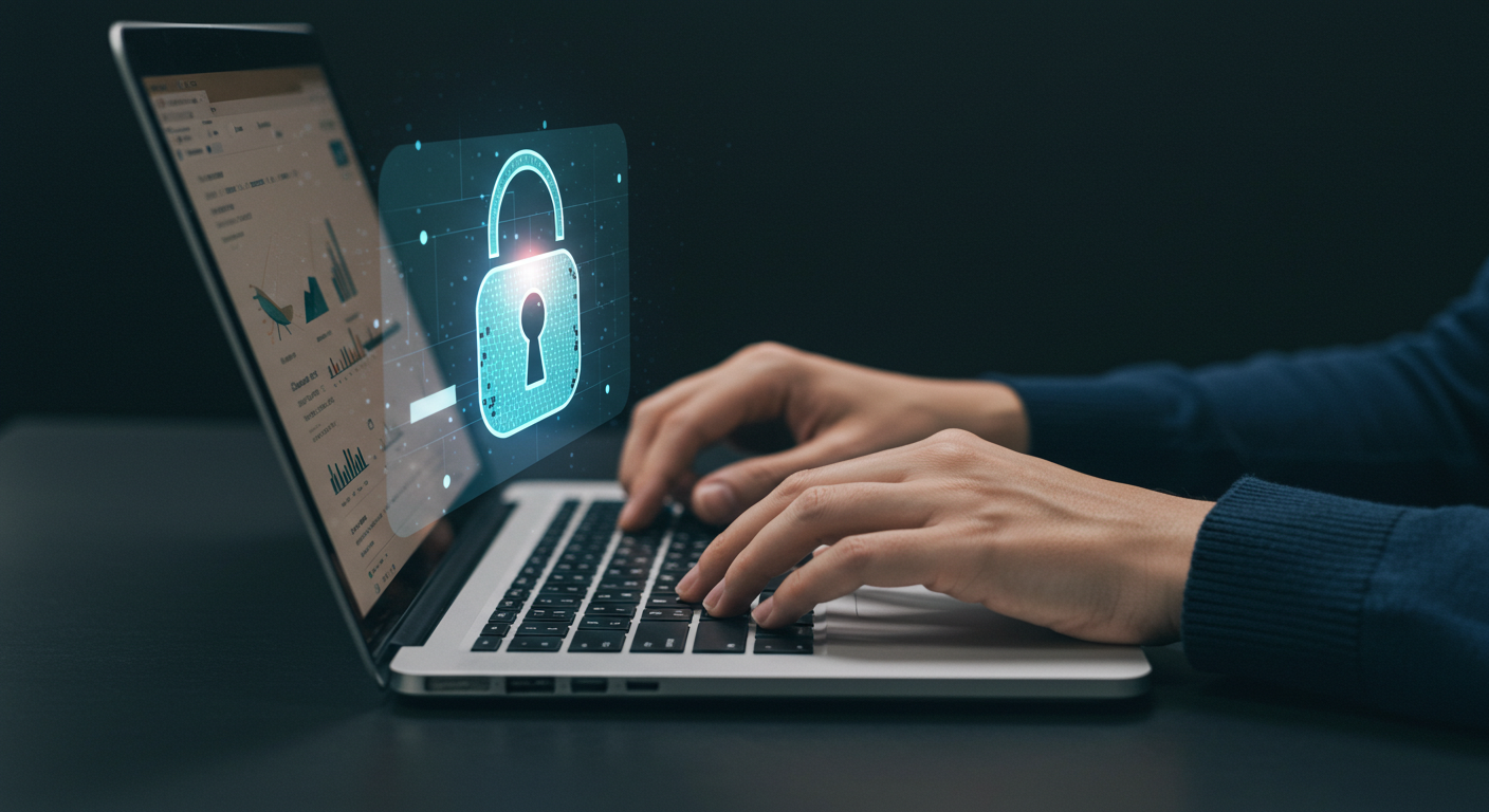 A close-up of a person's hands on a laptop keyboard, with a digital, glowing padlock icon hovering above the computer.