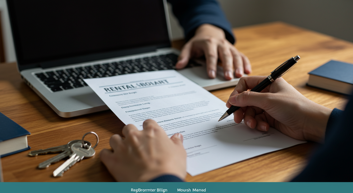 A close-up of a person's hands signing a rental property registration document on a desk with a laptop and keys.