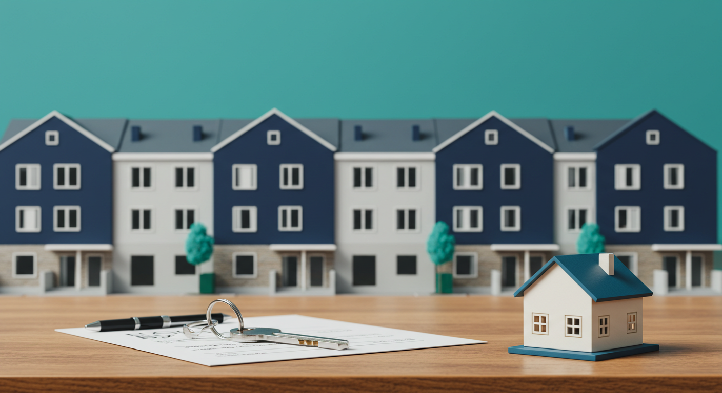 A row of residential townhomes with a key and a small model house sitting on a wooden surface in the foreground.