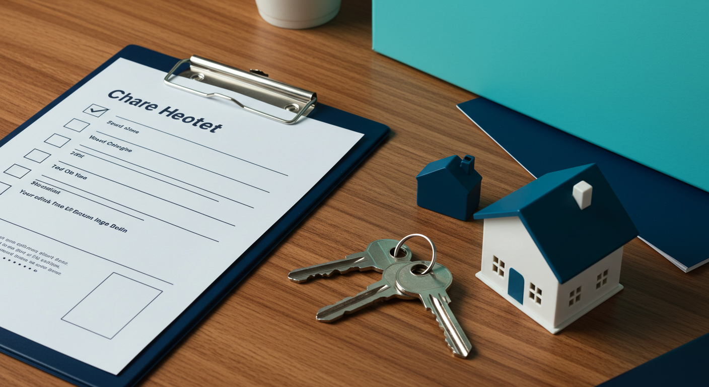 A clipboard with a checklist on it, resting on a wooden desk next to a set of keys and a small model of a house.