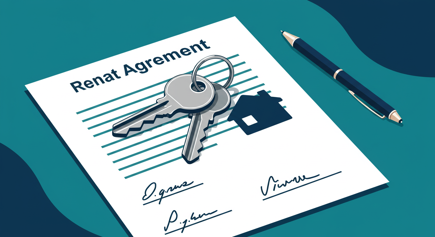 A set of house keys resting on a signed rental agreement document.