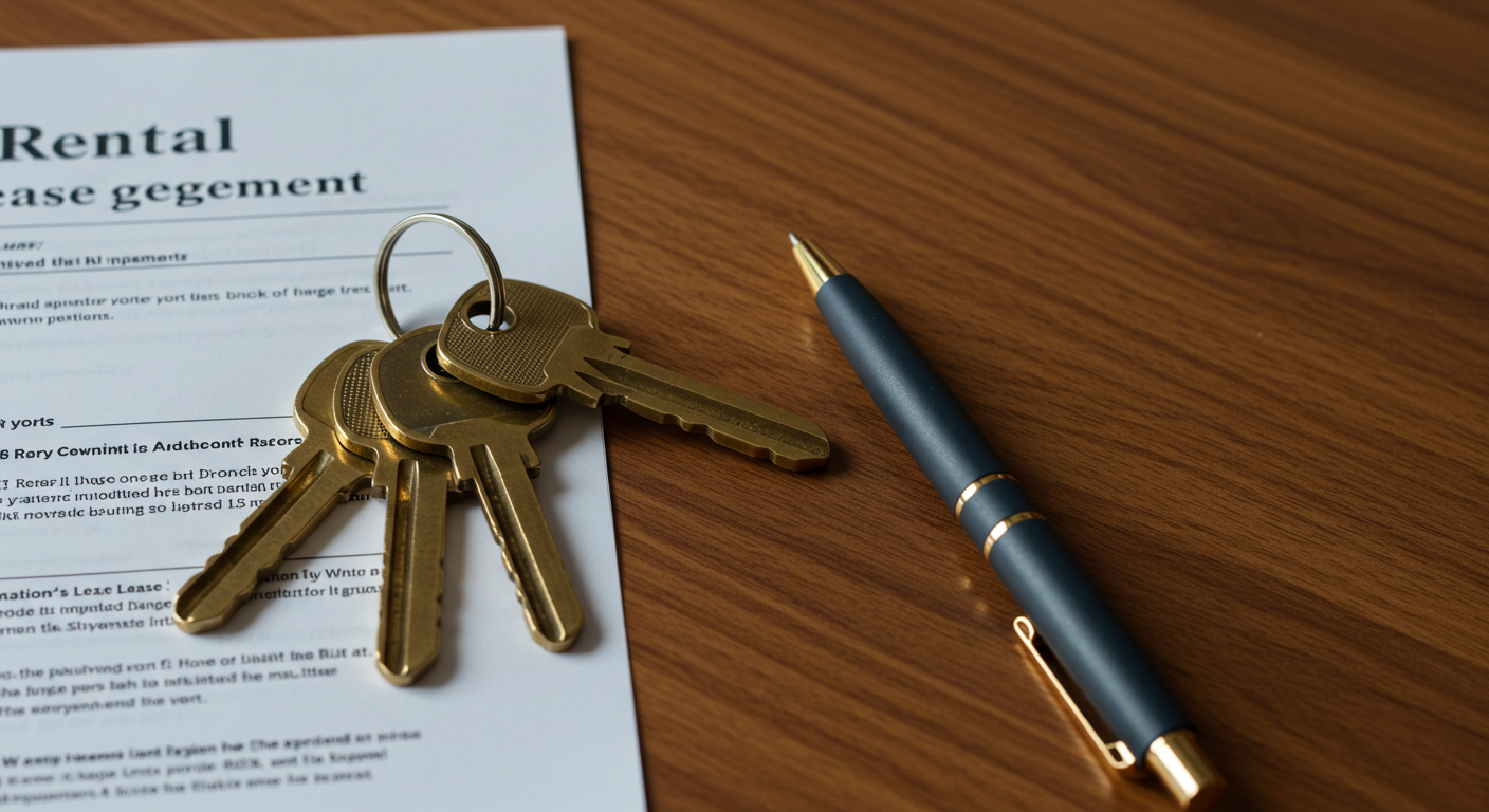 A set of brass house keys on a wooden table next to a pen and a rental lease agreement.