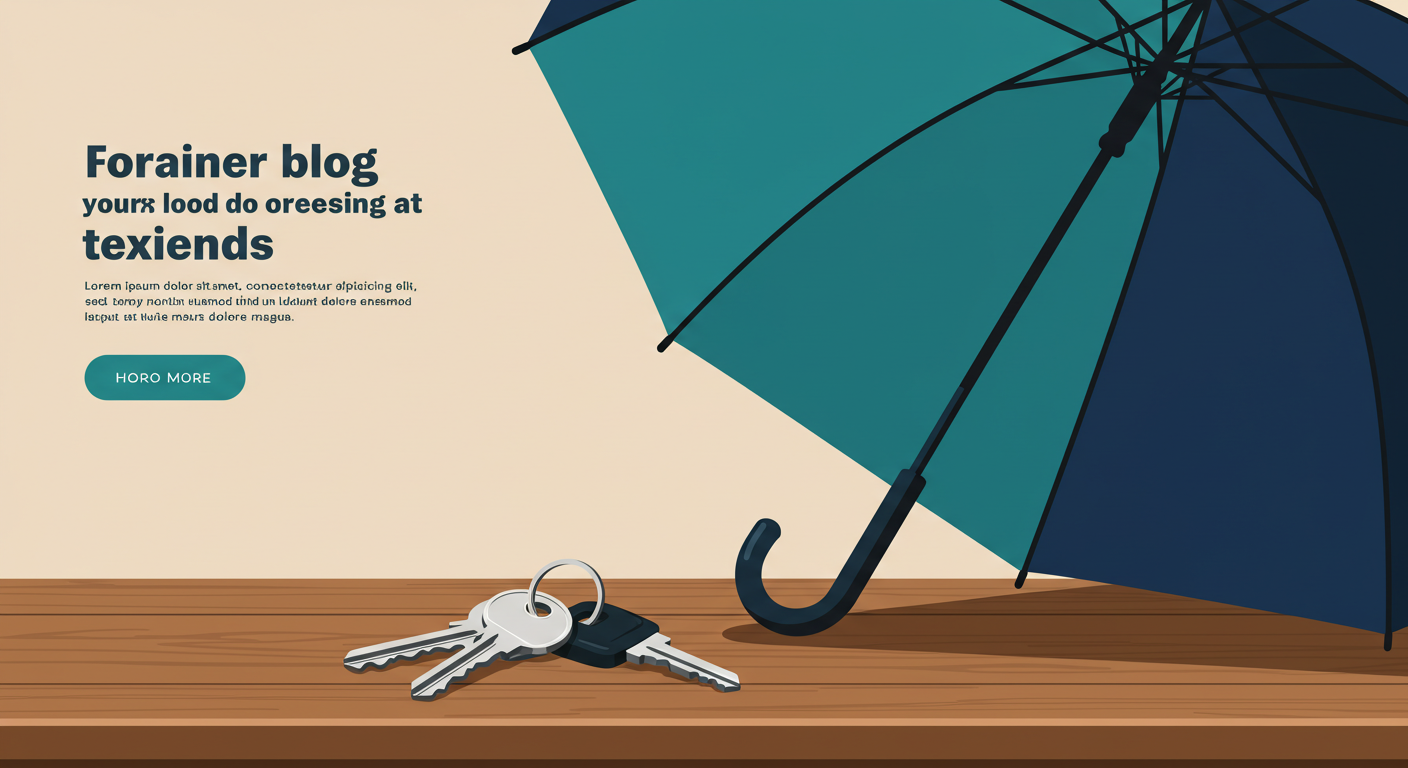 A large, open umbrella held over a set of house keys on a wooden table.
