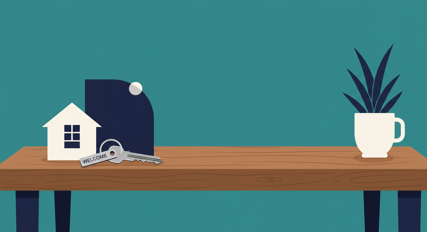 A modern apartment key with a 'Welcome Home' keychain sitting on a wooden table.