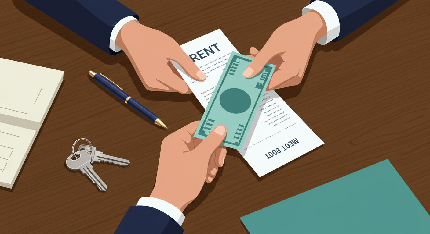 A person's hands exchanging a rent receipt and cash over a wooden table with keys and a pen nearby.