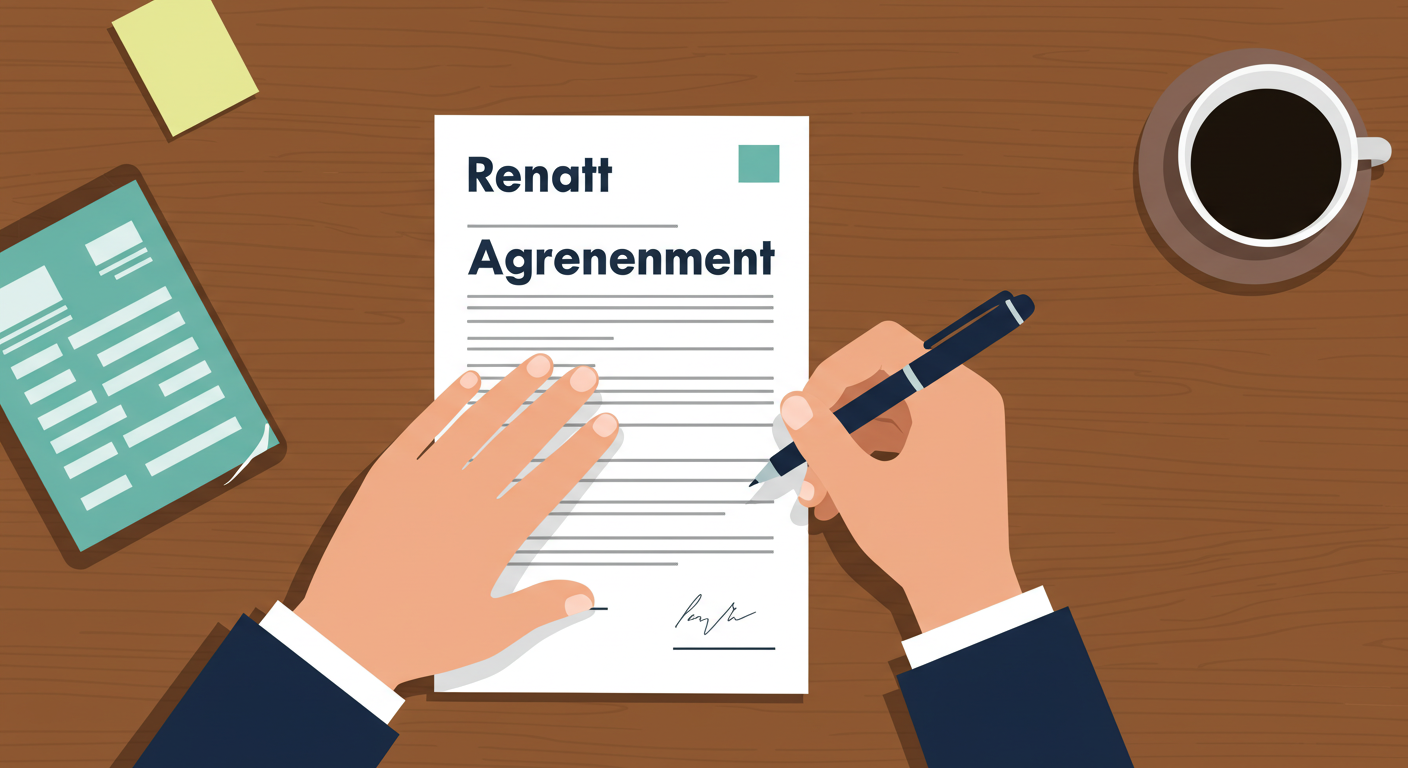 A person sitting at a wooden table, signing a rental agreement document with a pen.