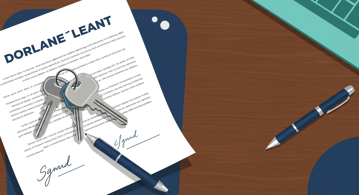 A set of house keys and a signed lease document on a wooden table.