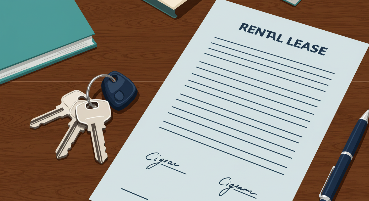 A set of house keys resting on a wooden table next to a signed rental lease document.