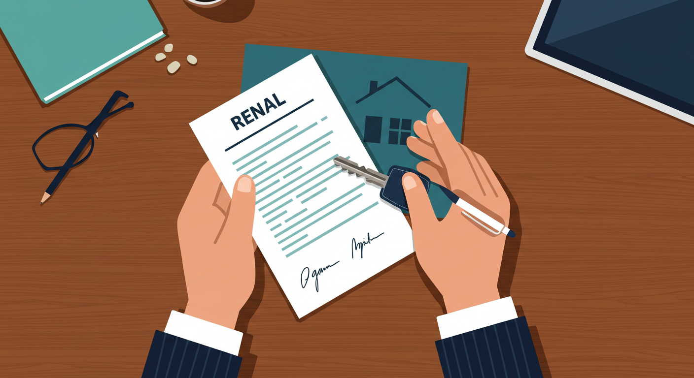 A person's hands holding a signed rental lease agreement and a house key on a wooden table.
