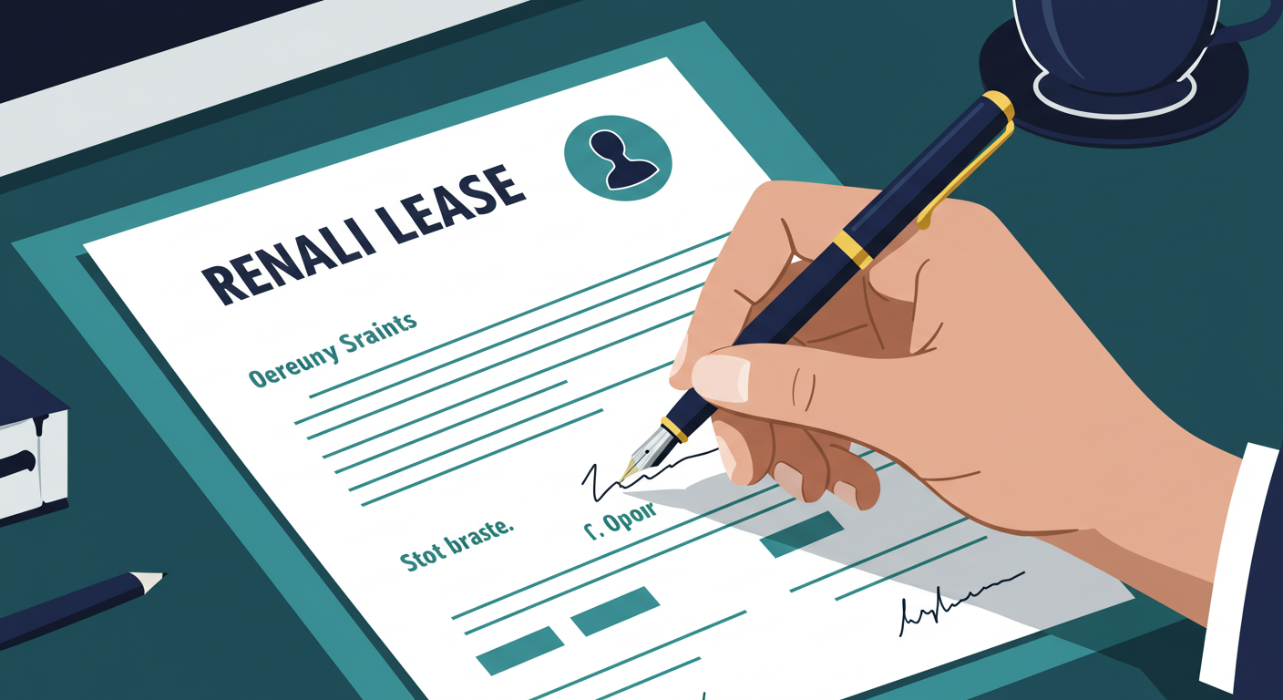 A close-up of a person's hand using a fountain pen to sign a formal rental lease agreement.