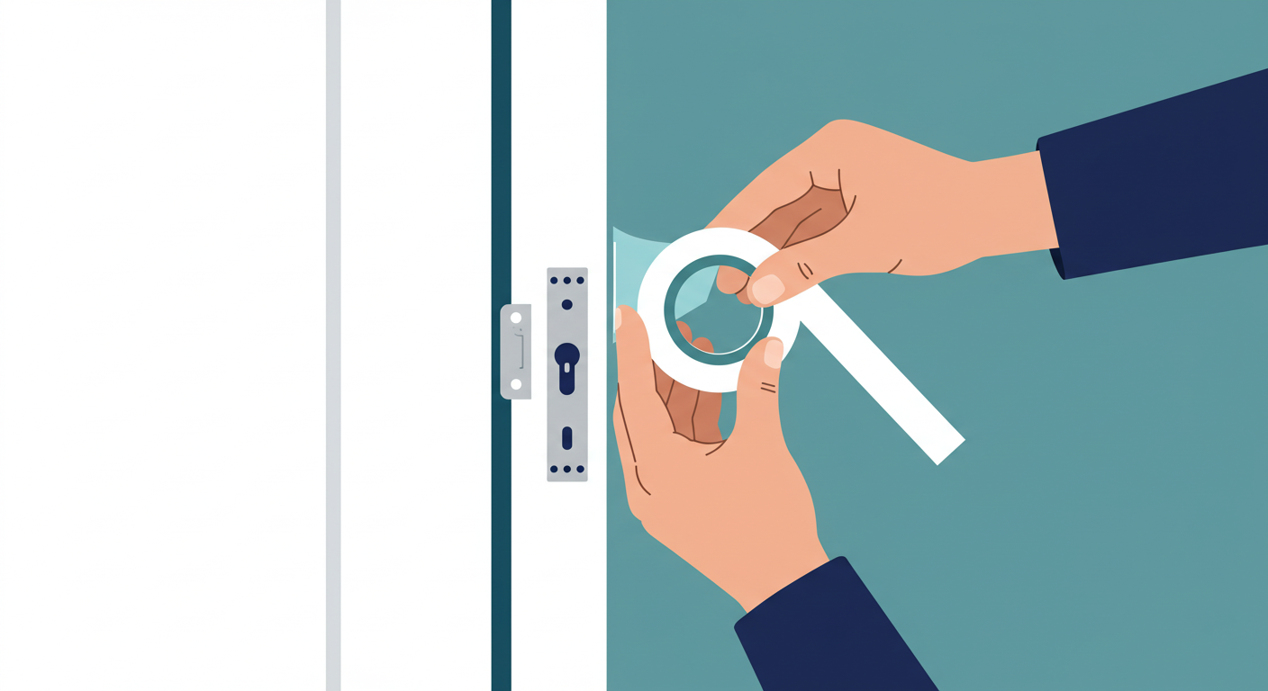 A person installing new foam weather stripping insulation tape on the inside of a white door frame to seal air leaks.