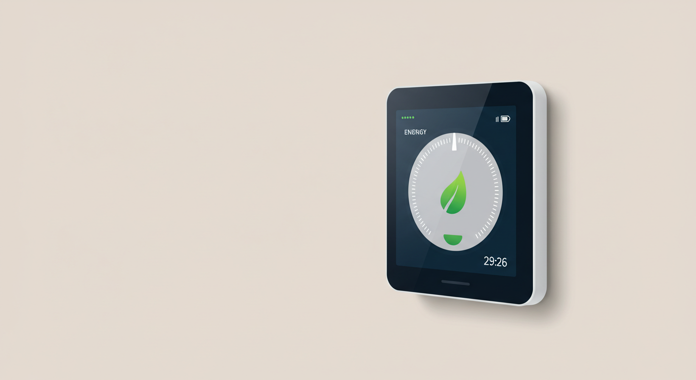 A smart thermostat on a wall displays an energy-saving setting, with a green leaf icon visible on the screen.