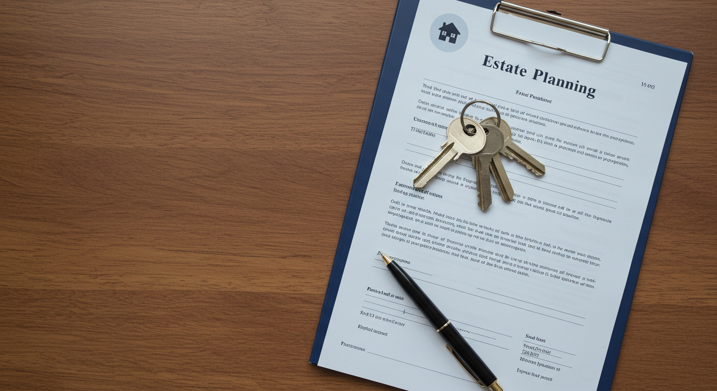A set of house keys and a pen resting on top of legal estate planning documents spread out on a wooden desk.