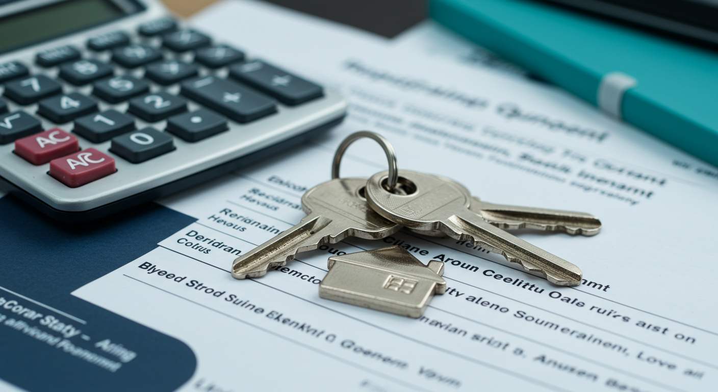 A close-up of a calculator and a set of house keys resting on a residential lease agreement.