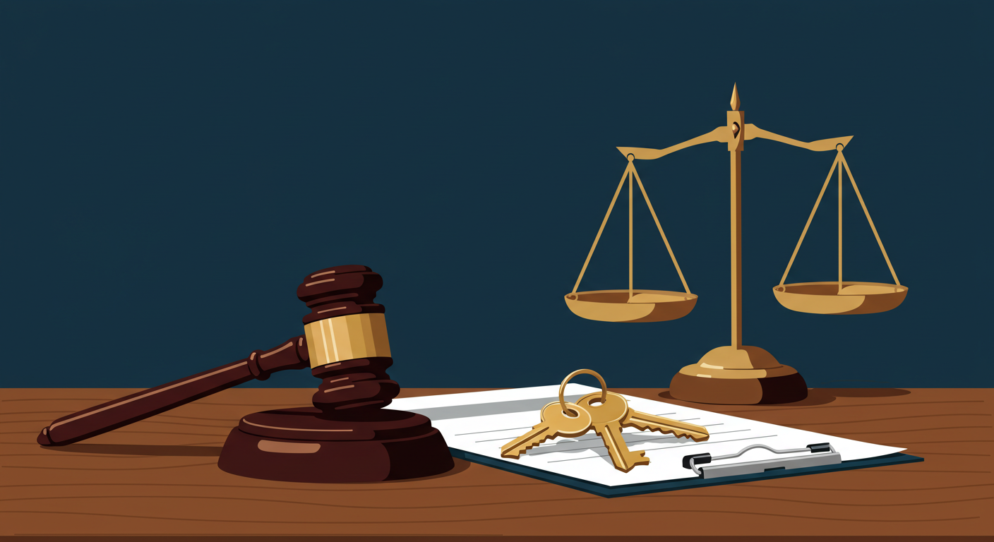 A gavel and a set of keys resting on a wooden desk in a courtroom setting.